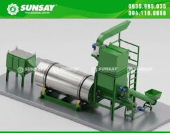 Thiết kế thùng quay nghiêng kết hợp dòng khí nóng giúp vật liệu di chuyển và trao đổi nhiệt hiệu quả, phù hợp sấy mùn cưa, phân bón và nhiều loại vật liệu rời