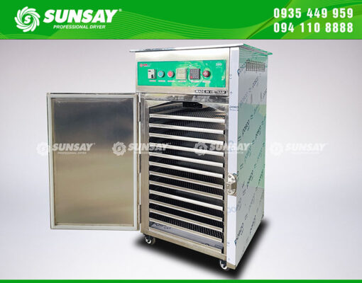 Toàn bộ khung máy và khay sấy đề làm bằng inox 304 chất lượng, không gỉ, đảm bảo vệ sinh