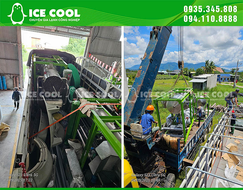 Máy được vận chuyển, cẩu hạ vào vị trí lắp đặt