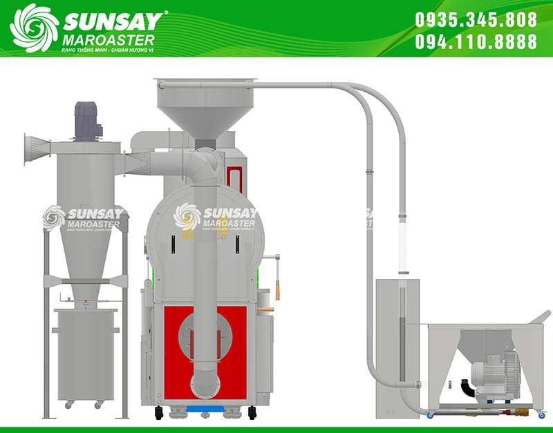 Phễu nạp liệu thiết kế tối ưu, giúp dòng cà phê đi vào máy rang luôn đều và ổn định.