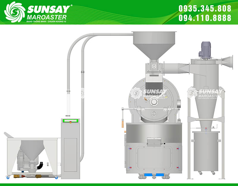 Cyclone lọc bụi tách sạch vỏ lụa, giúp hương cà phê trong trẻo và môi trường xưởng luôn sạch.