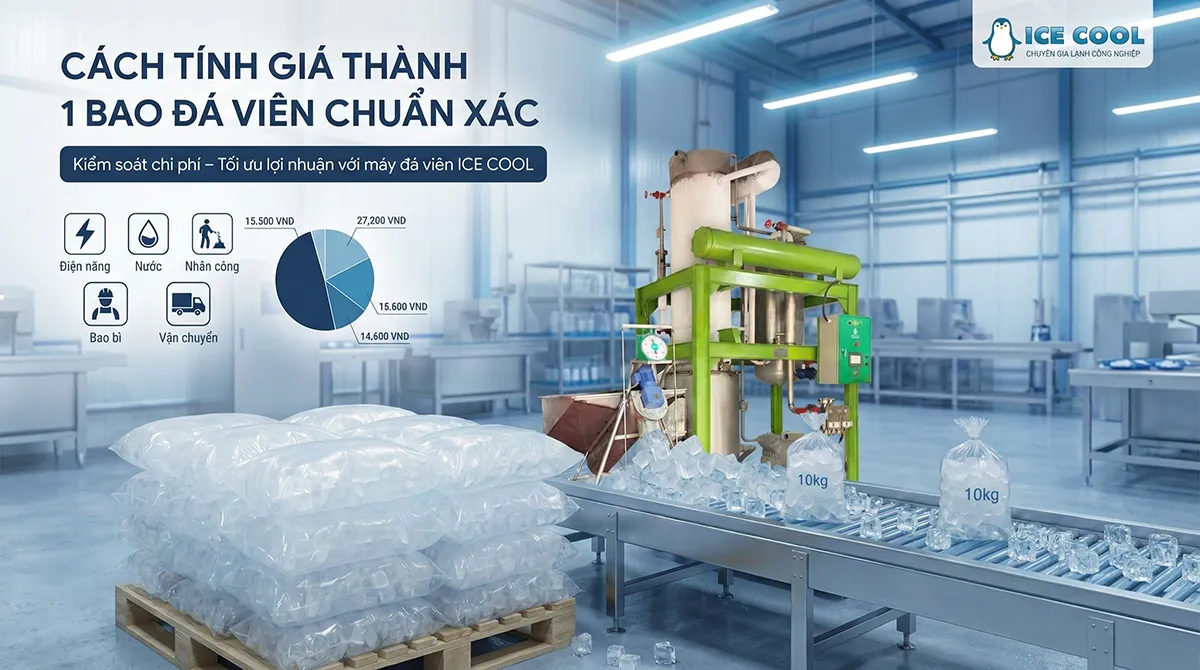 Cách tính giá thành 1 bao đá viên phụ thuộc vào tổng hợp các chi phí điện, nước, nhân công, khấu hao thiết bị và chi phí vận chuyển được phân bổ trên từng đơn vị sản phẩm.