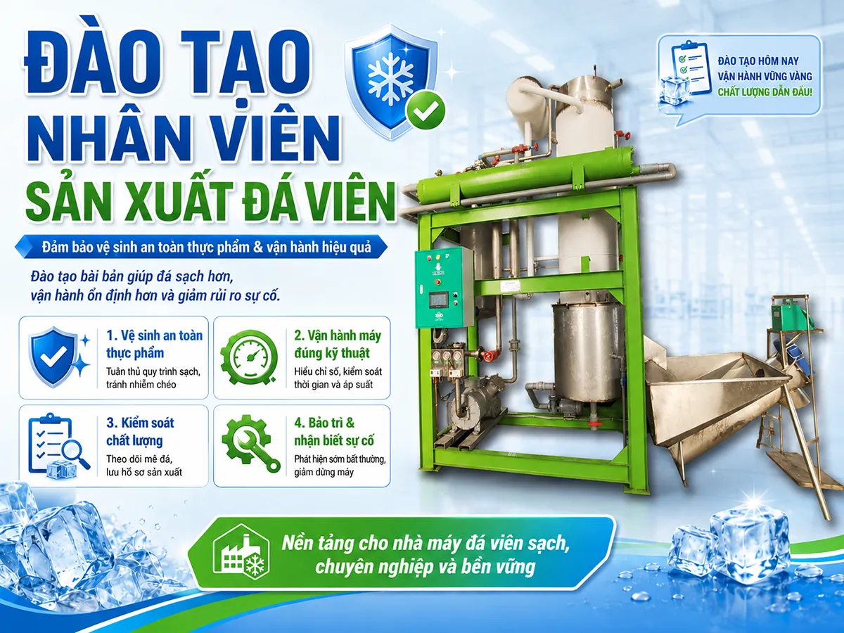 Đào tạo nhân viên sản xuất đá viên là yếu tố quan trọng giúp đảm bảo quy trình vận hành đúng kỹ thuật và đáp ứng đầy đủ tiêu chuẩn vệ sinh an toàn thực phẩm