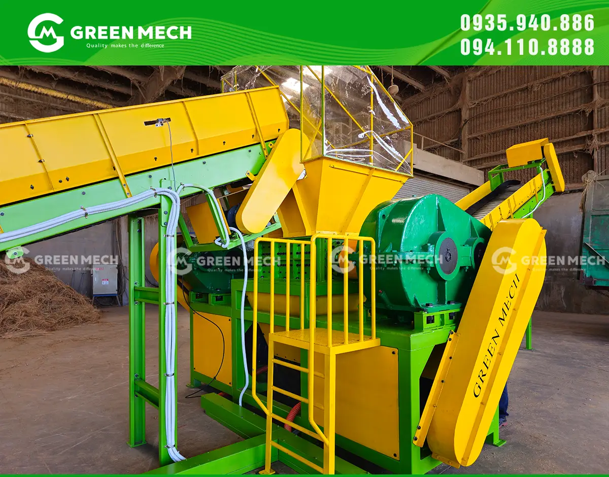 Máy nghiền 2 trục GREEN MECH xử lý rơm cuộn và rơm ép khối, đảm bảo kích thước đầu ra 20–70 mm