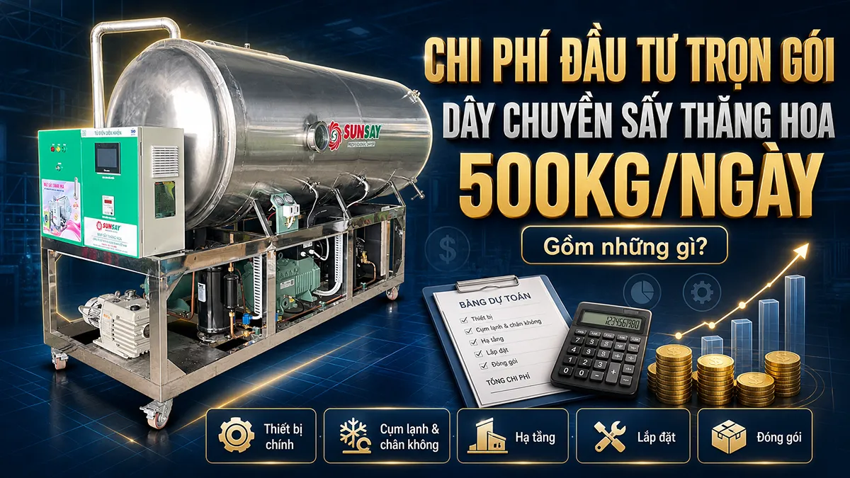 Chi phí đầu tư trọn gói dây chuyền sấy thăng hoa 500kg không chỉ bao gồm giá máy mà còn bao gồm hạ tầng, thiết bị phụ trợ, lắp đặt và chi phí vận hành thực tế