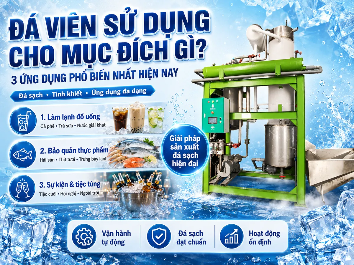 Đối với nhiều ngành dịch vụ hiện nay, câu hỏi đá viên sử dụng cho mục đích gì thường được trả lời bằng ba ứng dụng phổ biến nhất: làm lạnh đồ uống, bảo quản thực phẩm và phục vụ các sự kiện, tiệc tùng