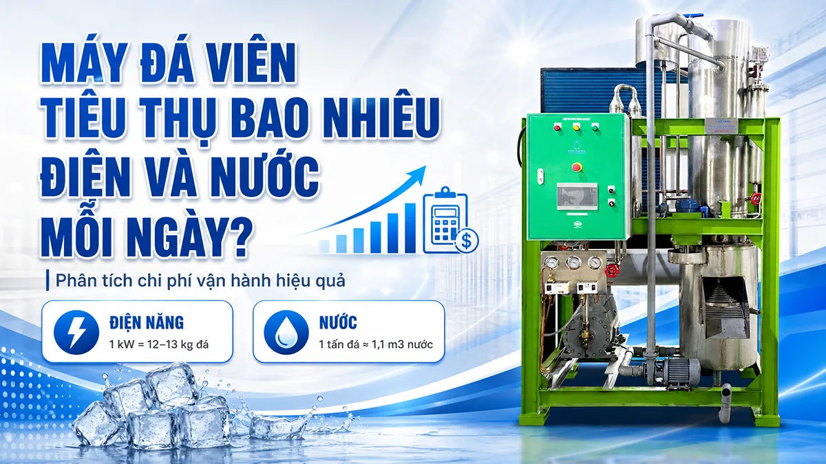 Khi đầu tư hệ thống sản xuất đá, nhiều doanh nghiệp thường tìm hiểu máy đá viên tiêu thụ bao nhiêu điện và nước mỗi ngày để có thể tính toán chính xác chi phí vận hành và tối ưu hiệu quả kinh doanh.