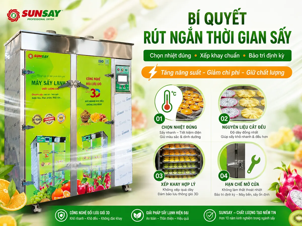 Tối ưu thời gian sấy khi dùng máy sấy lạnh không chỉ giúp tiết kiệm điện mà còn giữ trọn màu sắc, hương vị và chất lượng tự nhiên của sản phẩm.