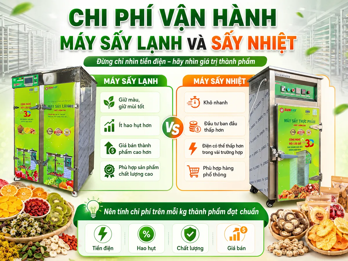 So sánh chi phí vận hành giữa máy sấy lạnh và sấy nhiệt cần tính cả điện năng, hao hụt nguyên liệu và chất lượng thành phẩm.