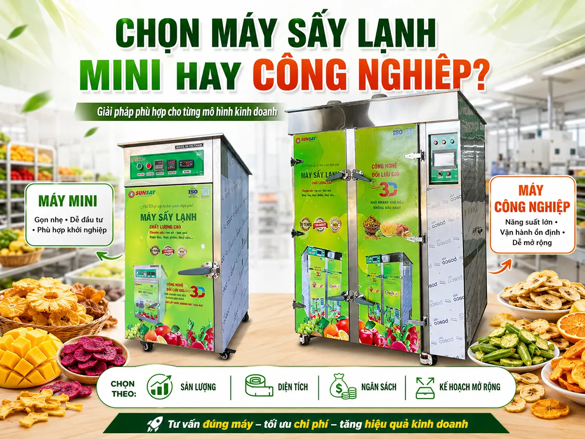 Chọn máy sấy lạnh mini hay công nghiệp cần dựa trên sản lượng, ngân sách, mặt bằng và kế hoạch phát triển lâu dài.