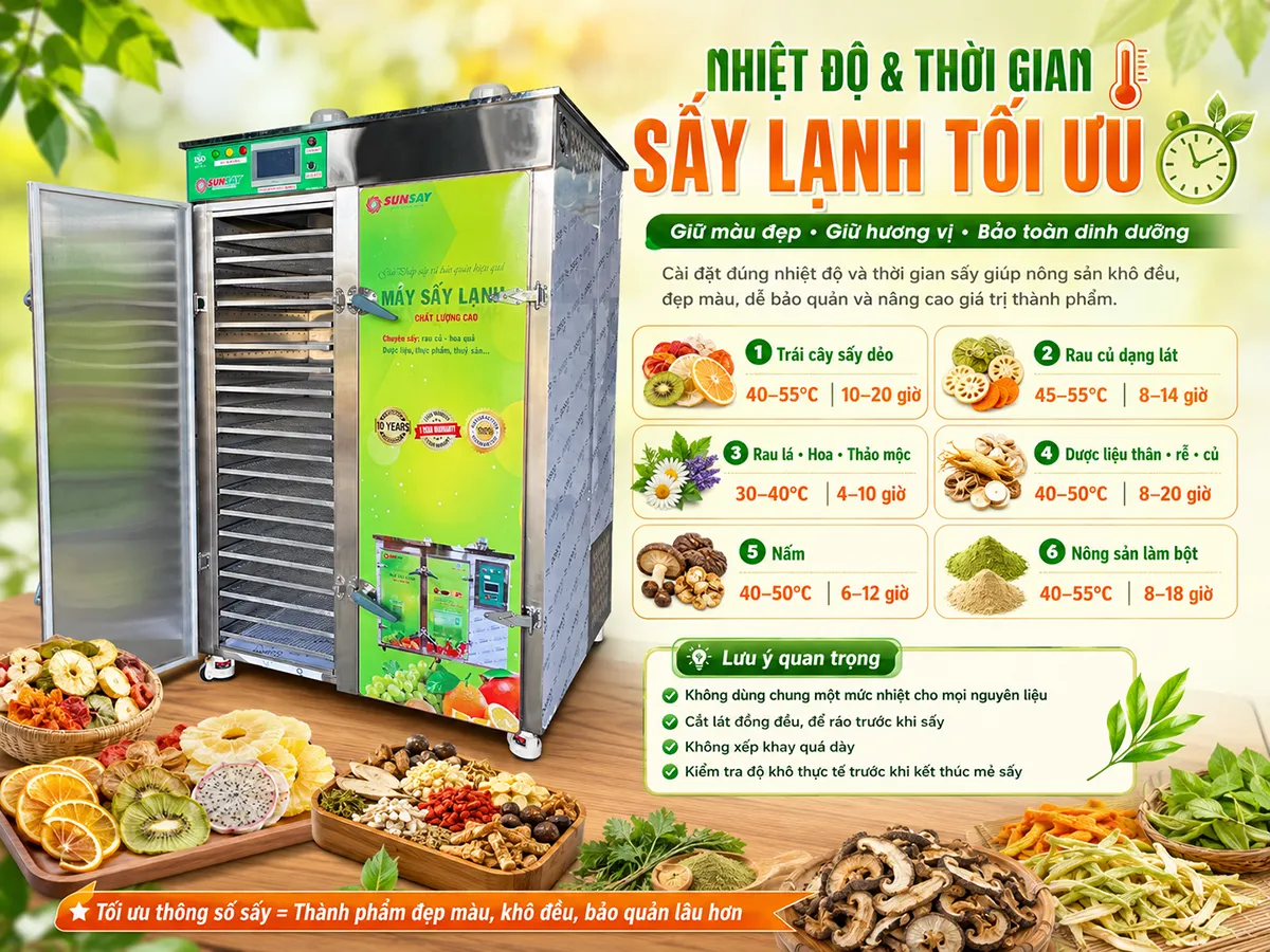 Muốn thành phẩm đạt chất lượng cao, hãy bắt đầu từ việc chọn đúng nhiệt độ và thời gian sấy lạnh tối ưu cho từng loại nguyên liệu.