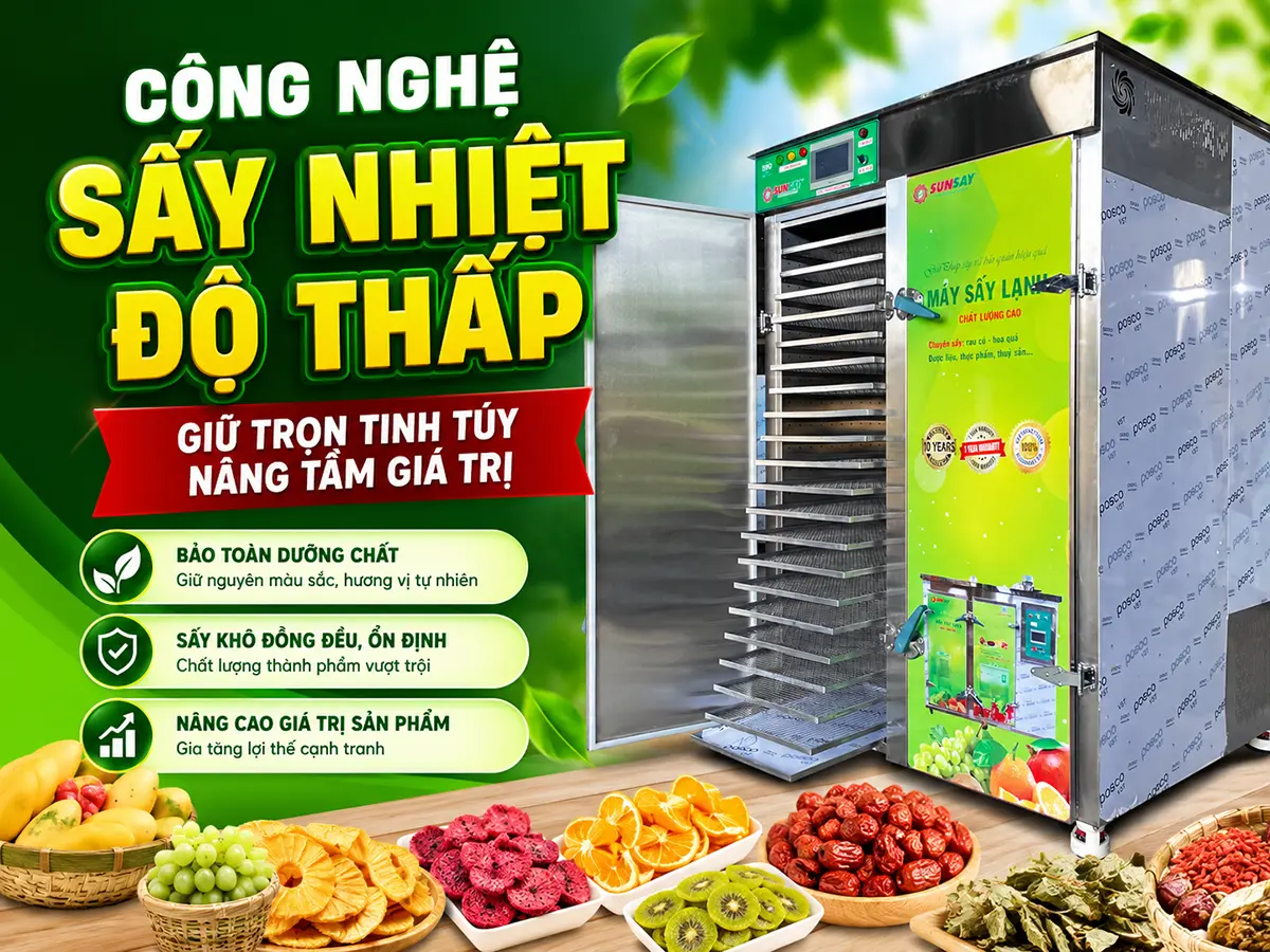Công nghệ sấy nhiệt độ thấp giúp kiểm soát quá trình tách ẩm và duy trì chất lượng nguyên liệu.