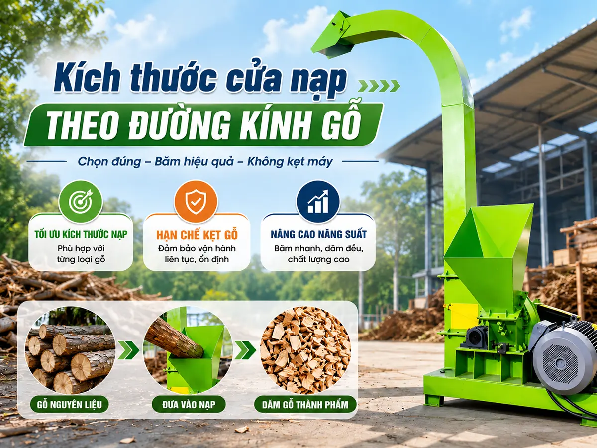 Lựa chọn kích thước cửa nạp theo đường kính gỗ giúp máy tiếp nhận nguyên liệu thuận lợi và duy trì năng suất băm ổn định.