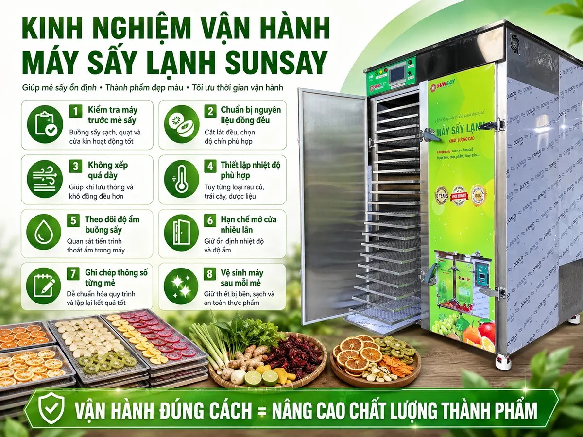 Kinh nghiệm vận hành máy sấy lạnh SUNSAY bắt đầu từ khâu chuẩn bị nguyên liệu đồng đều.