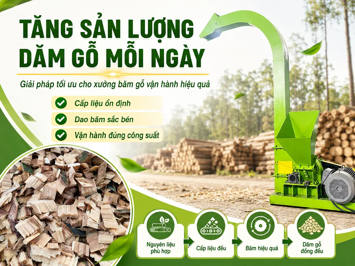 Cách tăng sản lượng dăm gỗ mỗi ngày bắt đầu từ việc chuẩn hóa nguyên liệu và duy trì máy hoạt động liên tục.