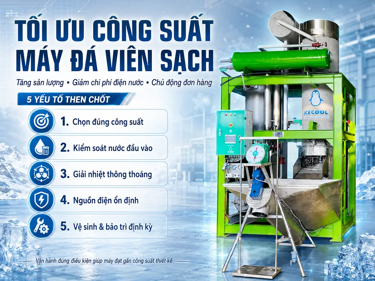 Tối ưu công suất máy đá viên sạch giúp tăng sản lượng và giảm chi phí vận hành.