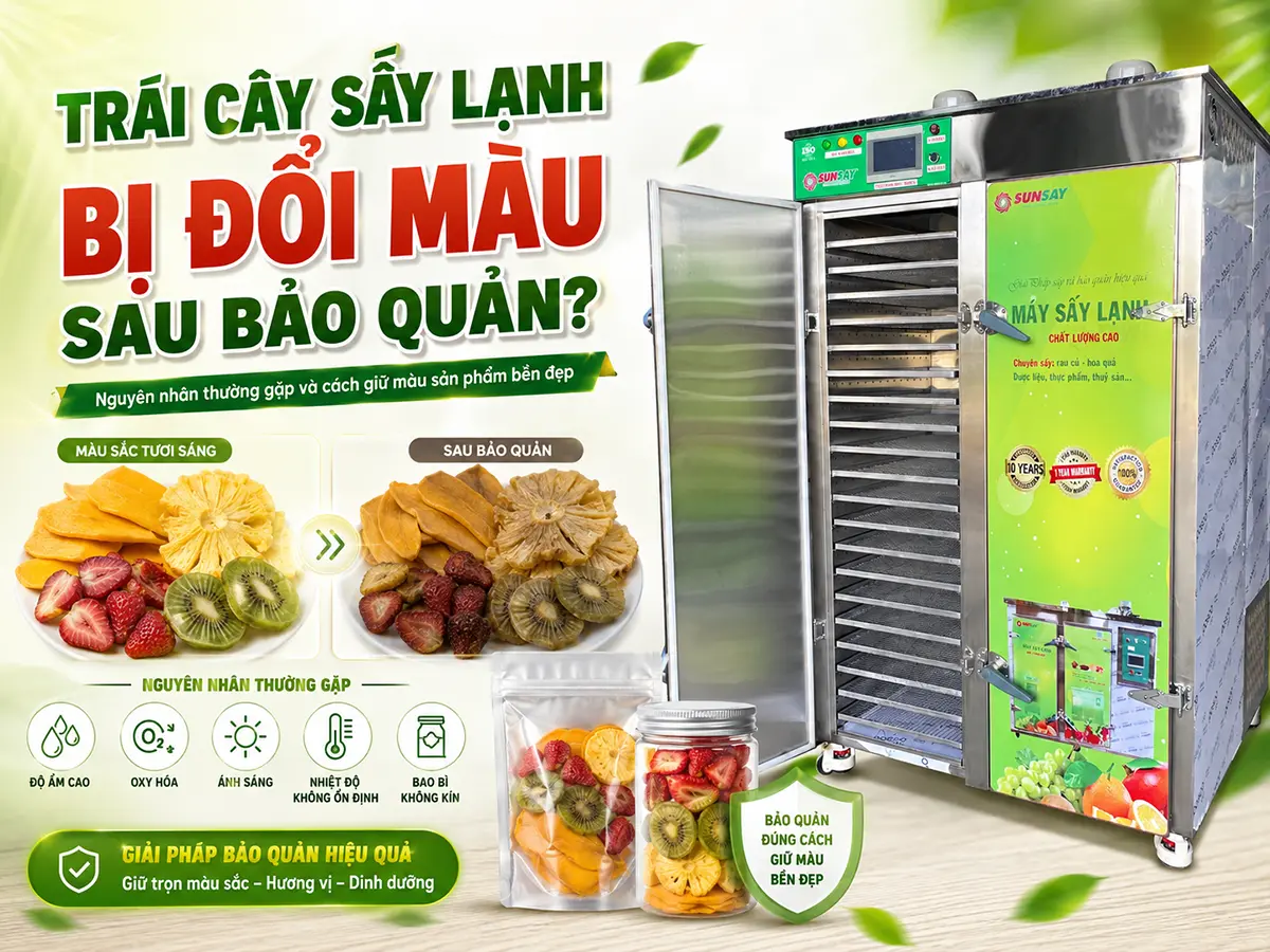 Trái cây sấy lạnh bị đổi màu sau bảo quản có thể do oxy hóa, hút ẩm hoặc bao bì không kín.