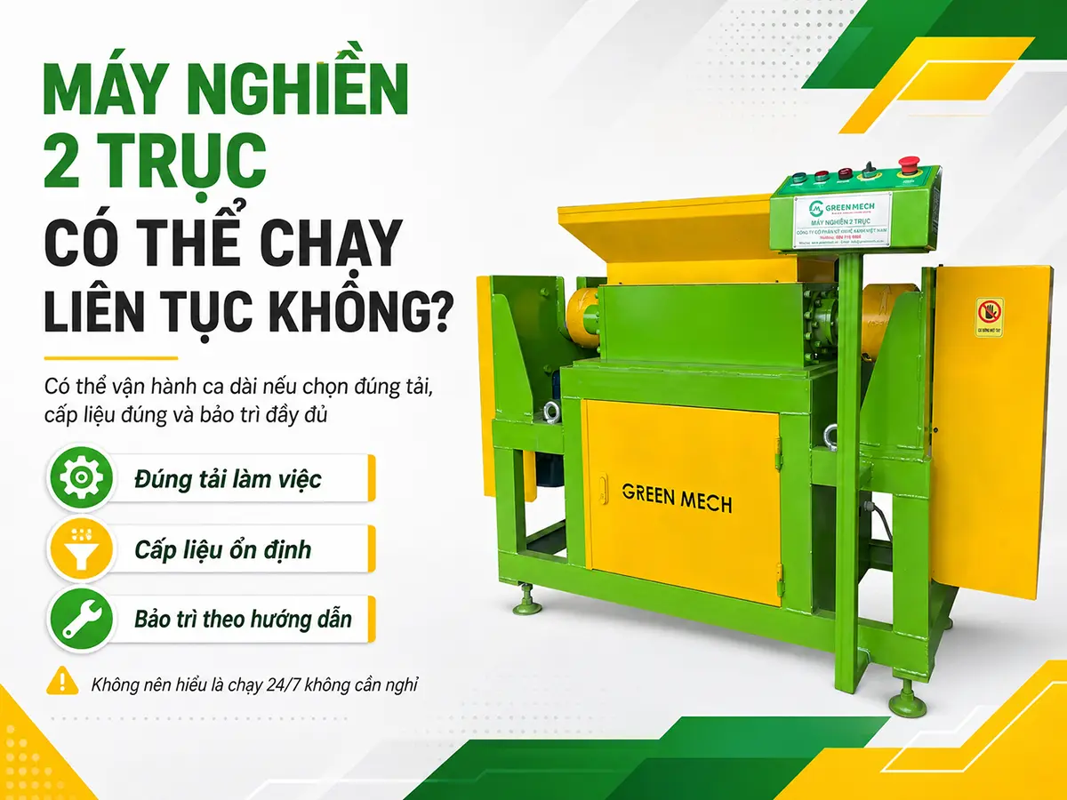 Máy nghiền 2 trục có thể chạy liên tục không phụ thuộc vào việc chọn đúng tải, cấp liệu phù hợp và thực hiện bảo trì đầy đủ theo hướng dẫn.