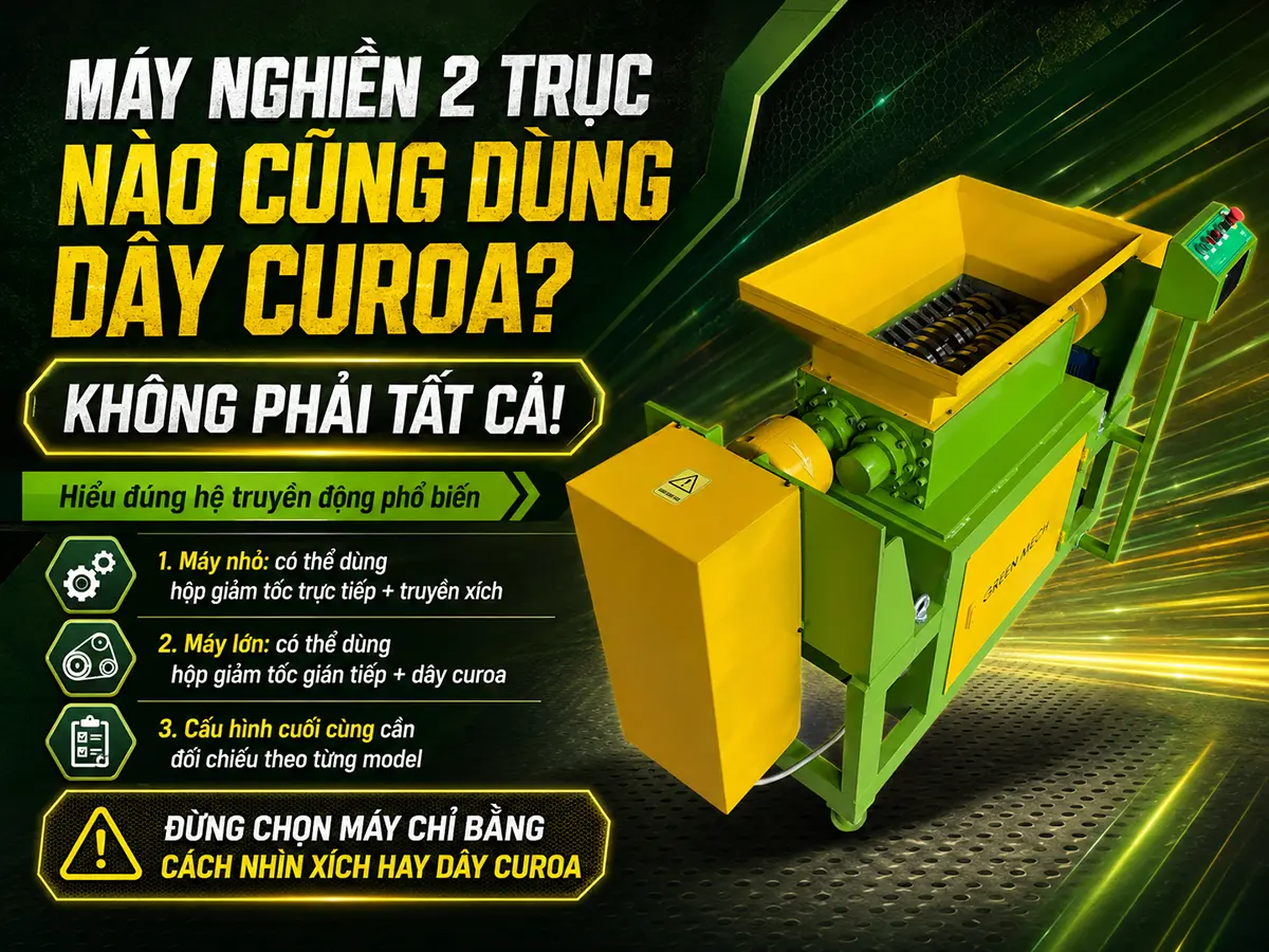 Nhiều khách hàng thường thắc mắc Máy nghiền 2 trục nào cũng sử dụng dây curoa đúng không, nhưng thực tế hệ truyền động còn tùy thuộc vào công suất và thiết kế của từng model máy.