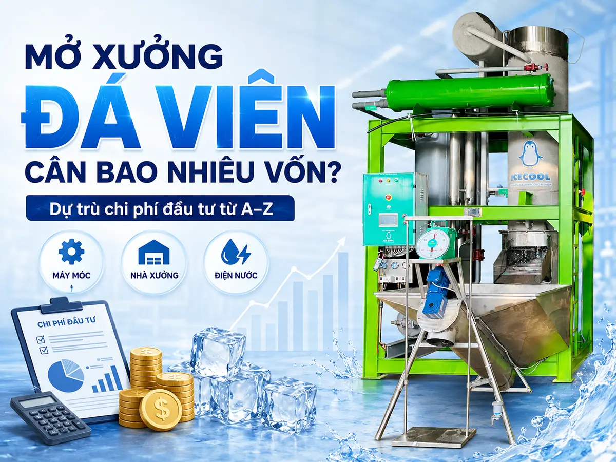 Mở xưởng đá viên cần bao nhiêu vốn phụ thuộc vào công suất máy, mặt bằng và hệ thống phụ trợ.