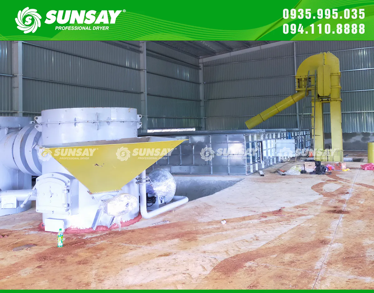Tổng thể máy sấy vĩ ngang và gầu tải SUNSAY lắp đặt tại Đắk Lắk