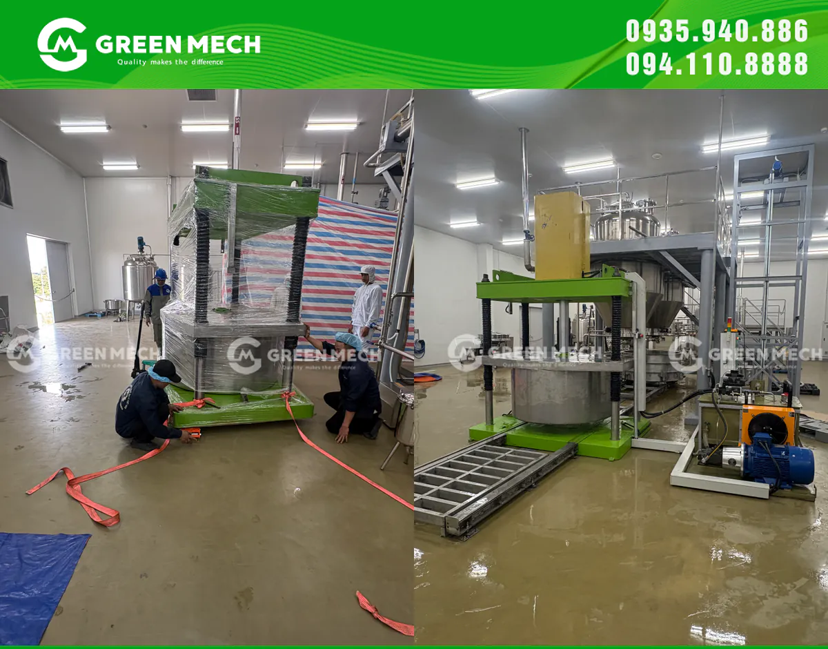 GREEN MECH triển khai máy ép thủy lực bã trà 1.100 lít cho Semba Tohka tại Đà Nẵng, phục vụ công đoạn xử lý bã sau chiết xuất.