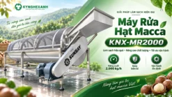 Máy rửa hạt macca dạng lồng bằng inox, thiết kế dài giúp hạt được đảo và làm sạch liên tục trong quá trình vận hành.