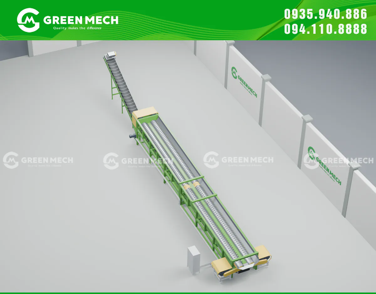 Phối cảnh 3D minh họa máy bóc vỏ cây hai trục GREEN MECH – góc nhìn dọc từ đầu máy.